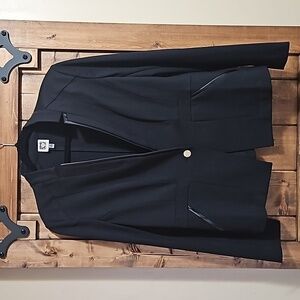 Anne Klein Black Knit Faux Leather Trim Stretch One Button Blazer Size M…